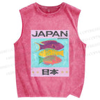 Unisex Japan Cartoon Fish Printed Washed Tank Top