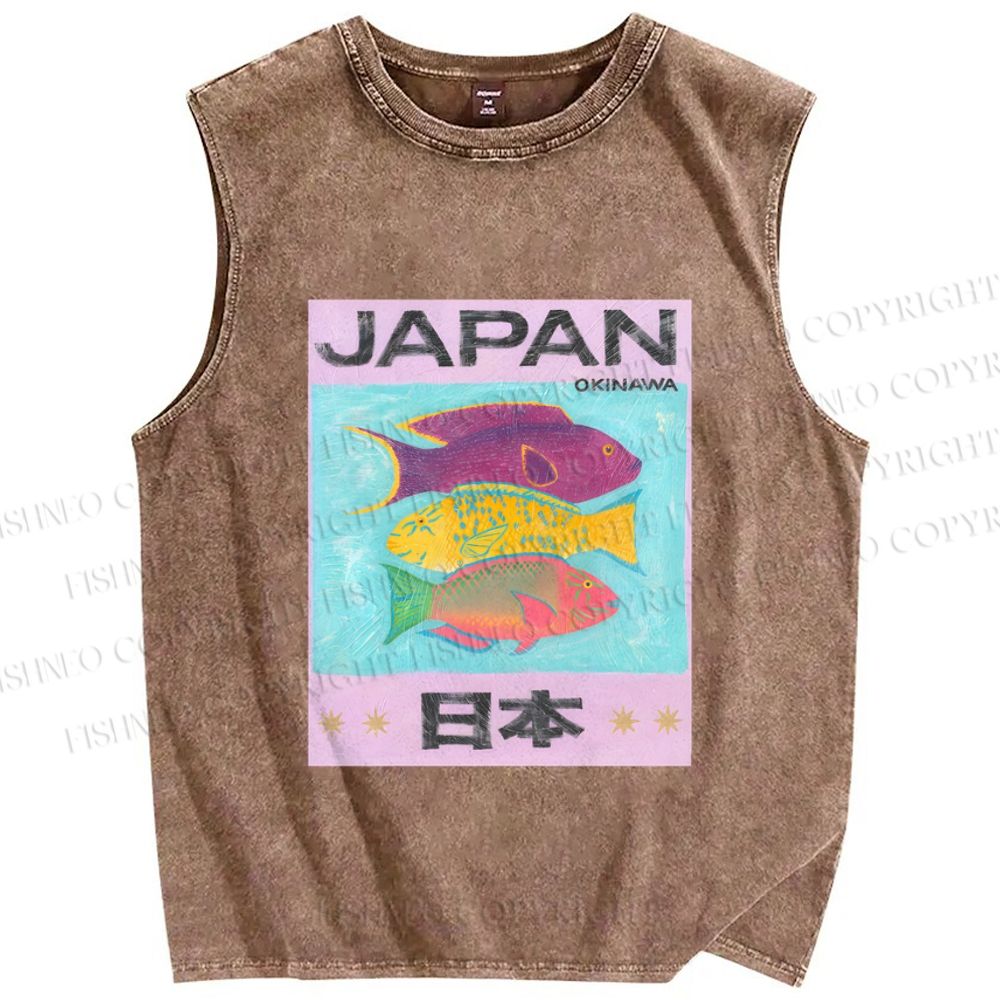 Unisex Japan Cartoon Fish Printed Washed Tank Top