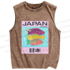 Unisex Japan Cartoon Fish Printed Washed Tank Top