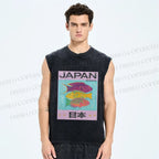 Unisex Japan Cartoon Fish Printed Washed Tank Top