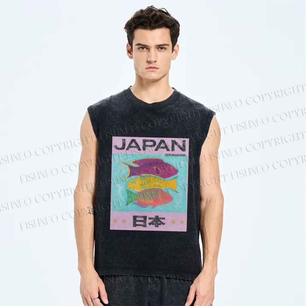 Unisex Japan Cartoon Fish Printed Washed Tank Top