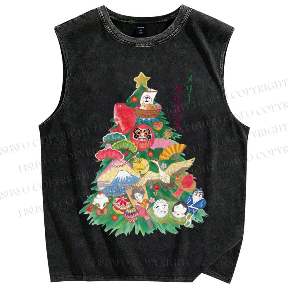 Unisex Japanese Art Christmas Tree Printed Washed Tank Top