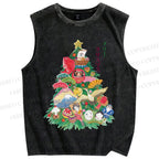 Unisex Japanese Art Christmas Tree Printed Washed Tank Top