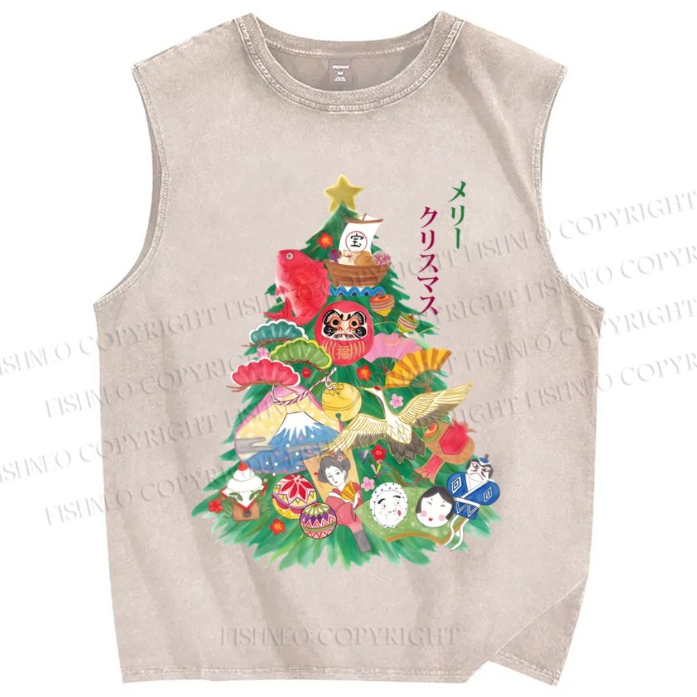 Unisex Japanese Art Christmas Tree Printed Washed Tank Top