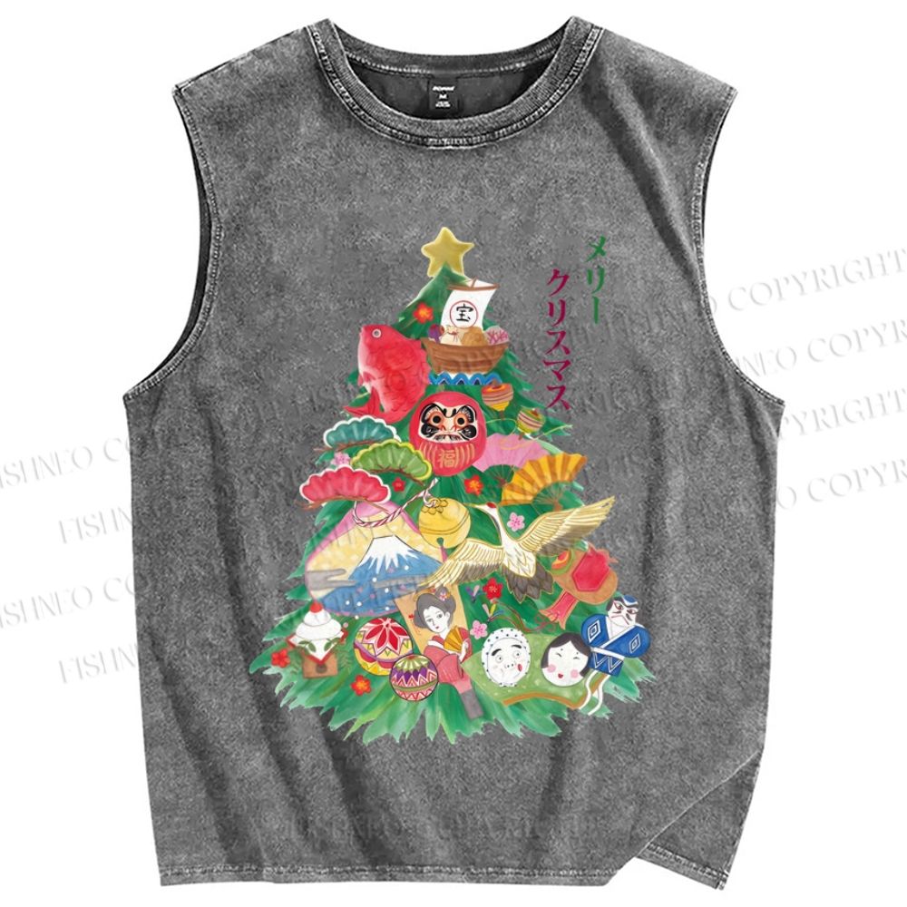 Unisex Japanese Art Christmas Tree Printed Washed Tank Top