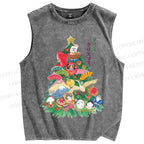 Unisex Japanese Art Christmas Tree Printed Washed Tank Top