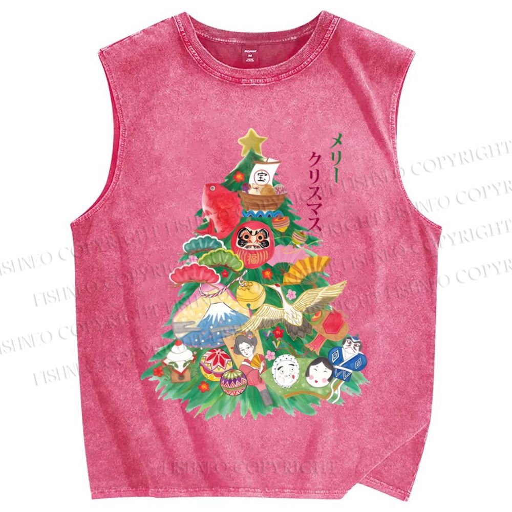 Unisex Japanese Art Christmas Tree Printed Washed Tank Top