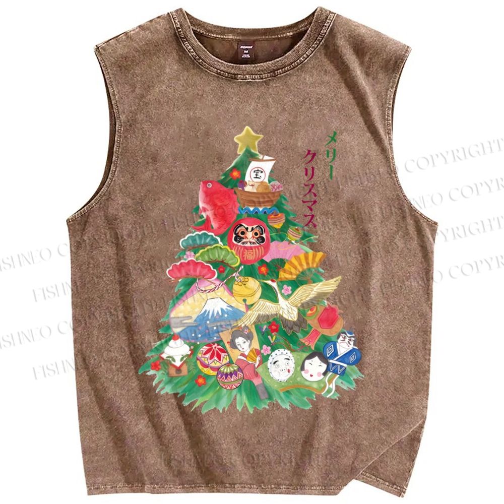 Unisex Japanese Art Christmas Tree Printed Washed Tank Top