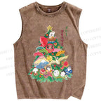 Unisex Japanese Art Christmas Tree Printed Washed Tank Top