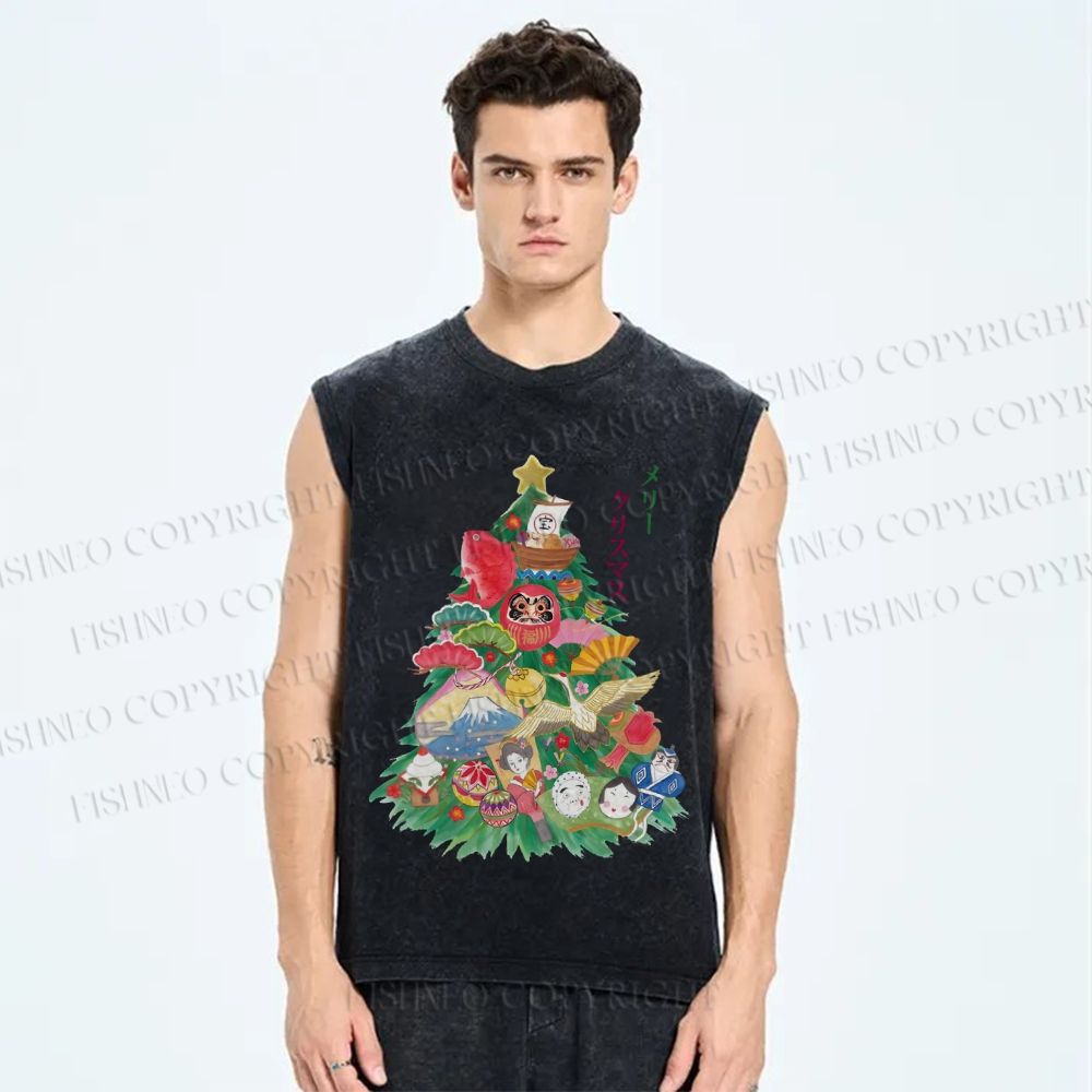 Unisex Japanese Art Christmas Tree Printed Washed Tank Top
