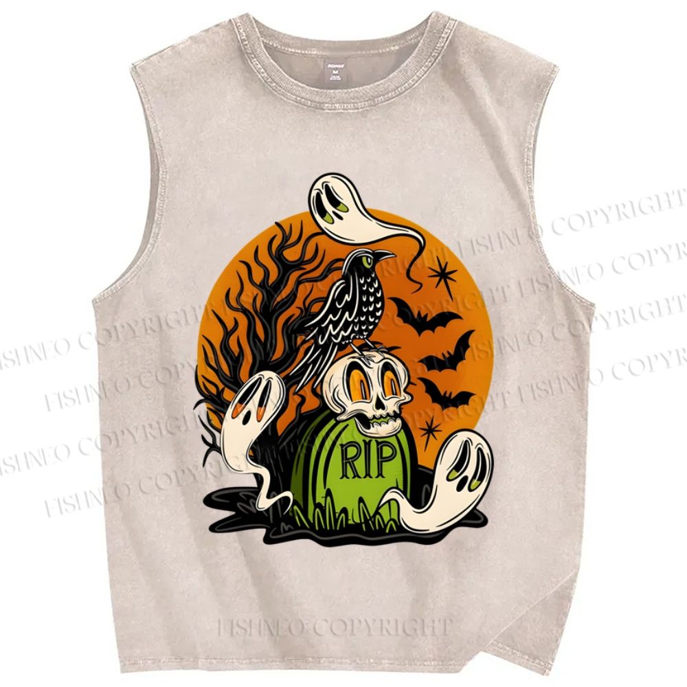 Unisex Halloween Ghost Skull In Night Printed Washed Tank Top