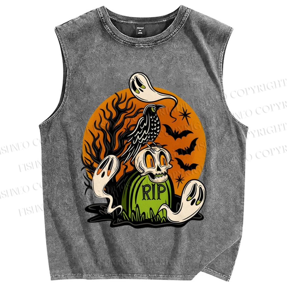 Unisex Halloween Ghost Skull In Night Printed Washed Tank Top