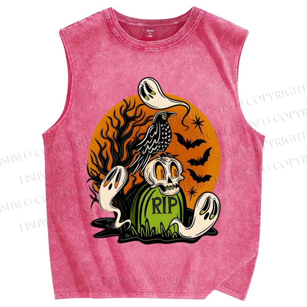 Unisex Halloween Ghost Skull In Night Printed Washed Tank Top