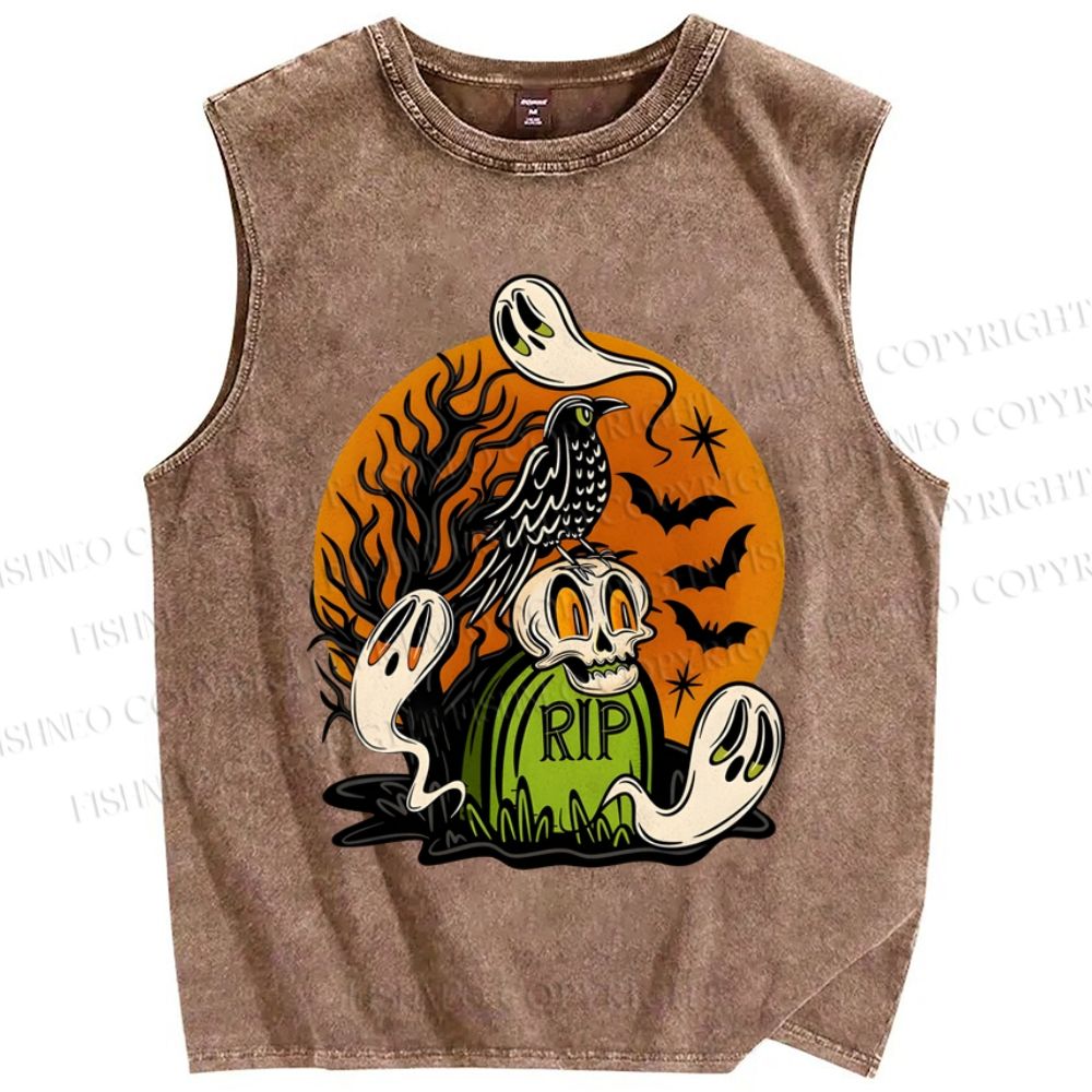 Unisex Halloween Ghost Skull In Night Printed Washed Tank Top