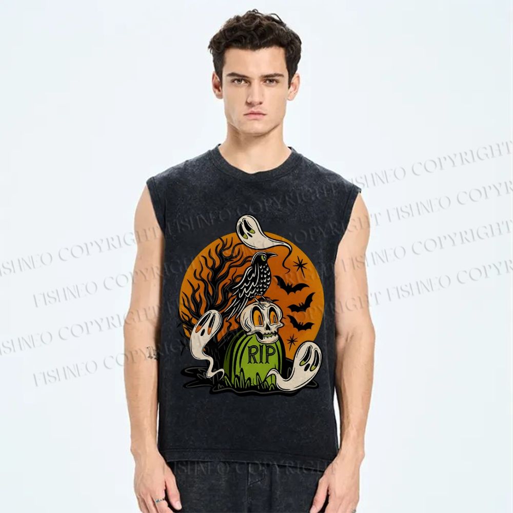 Unisex Halloween Ghost Skull In Night Printed Washed Tank Top