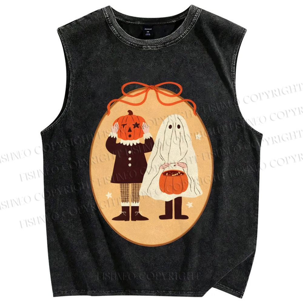 Unisex Pumpkin Ghost Dress Up Halloween Printed Washed Tank Top