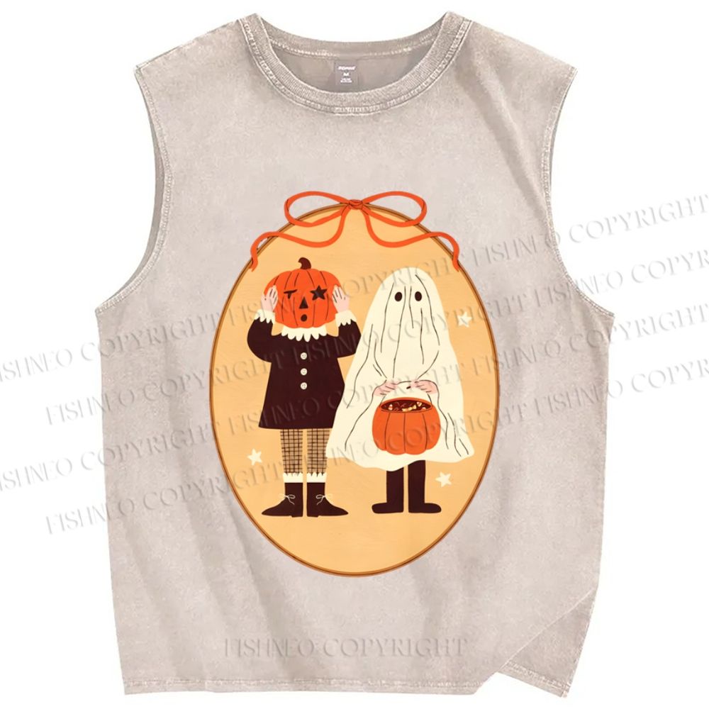 Unisex Pumpkin Ghost Dress Up Halloween Printed Washed Tank Top