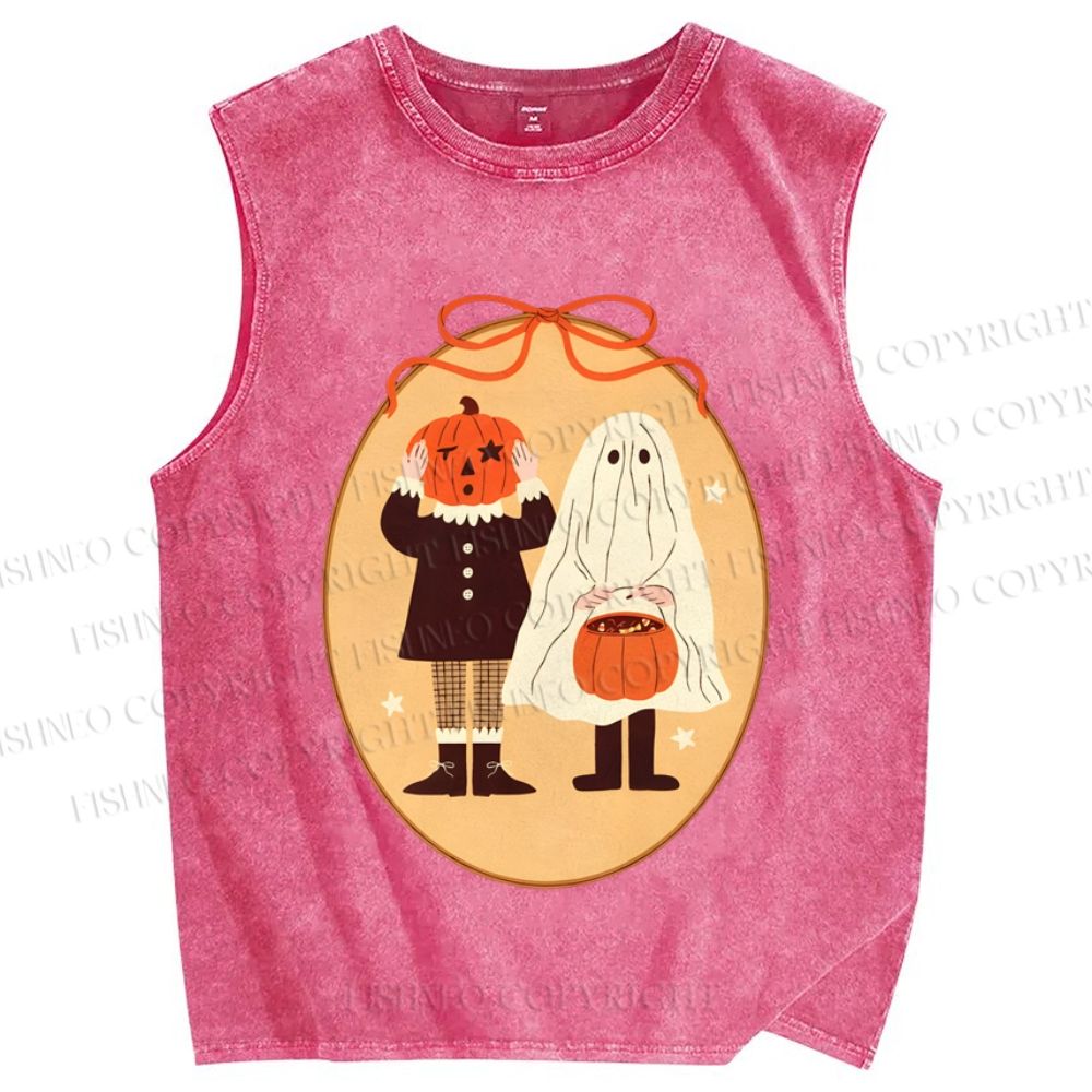Unisex Pumpkin Ghost Dress Up Halloween Printed Washed Tank Top