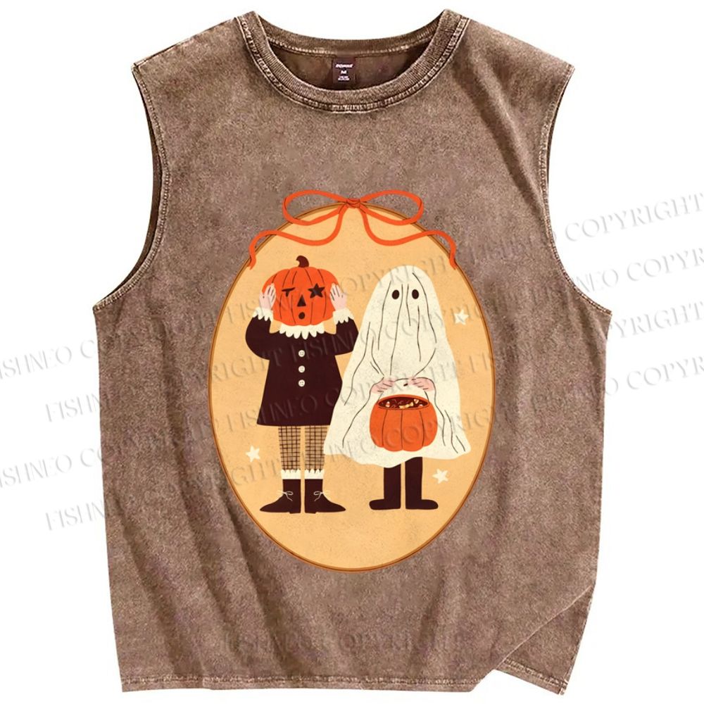 Unisex Pumpkin Ghost Dress Up Halloween Printed Washed Tank Top