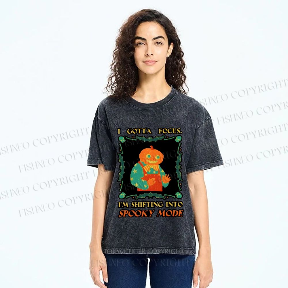 Unisex Funny Pumpkin Man Shifting Into Spooky Mode Printed Washed Tee