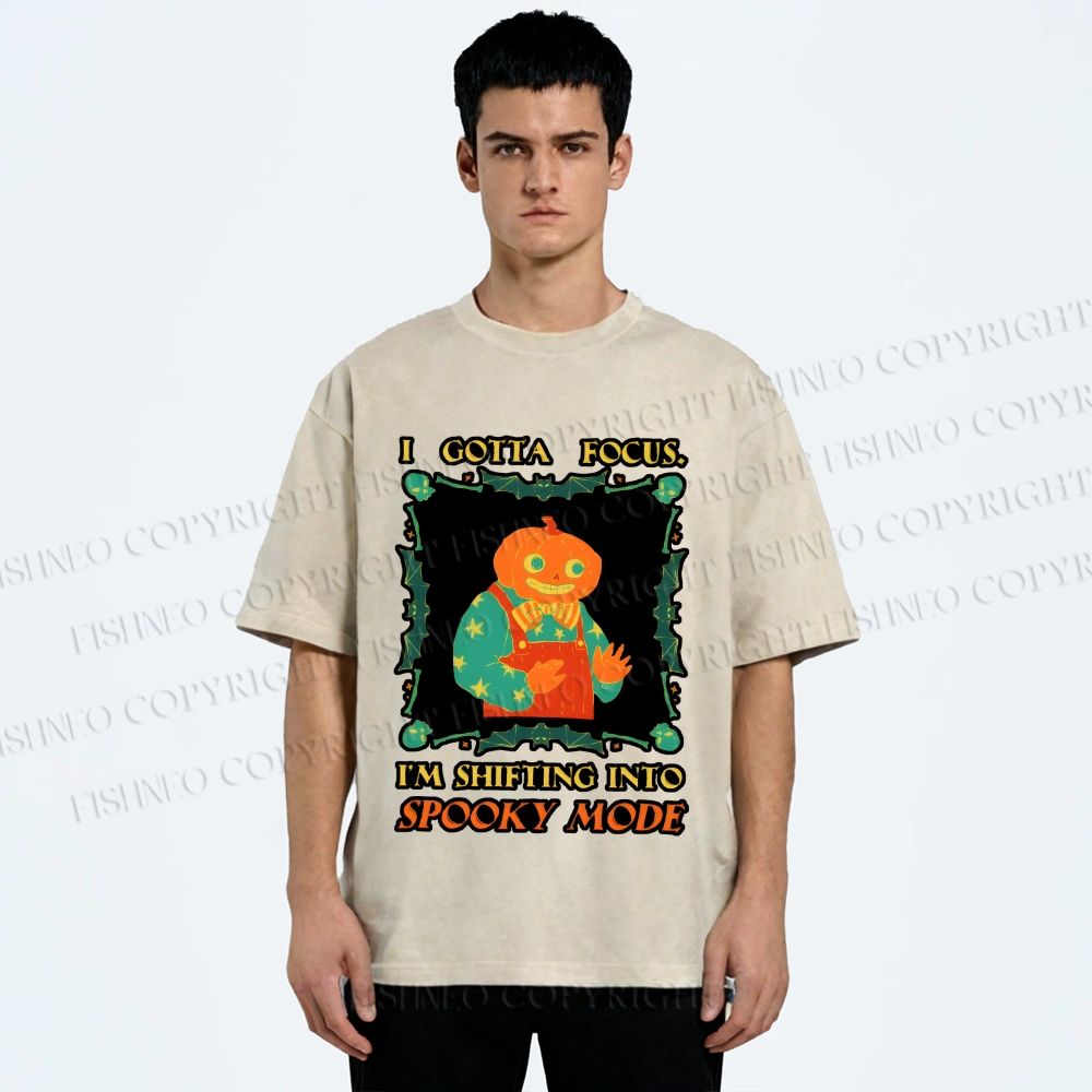 Unisex Funny Pumpkin Man Shifting Into Spooky Mode Printed Washed Tee