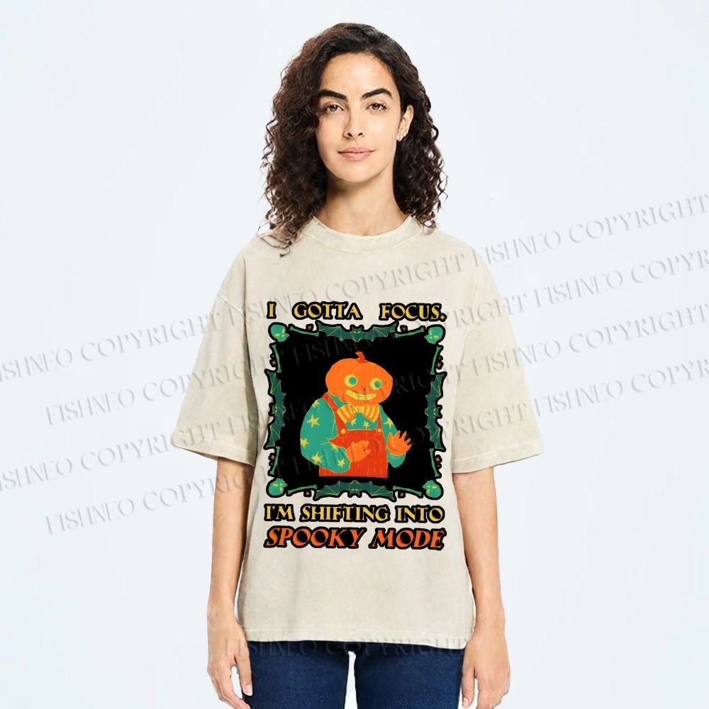 Unisex Funny Pumpkin Man Shifting Into Spooky Mode Printed Washed Tee