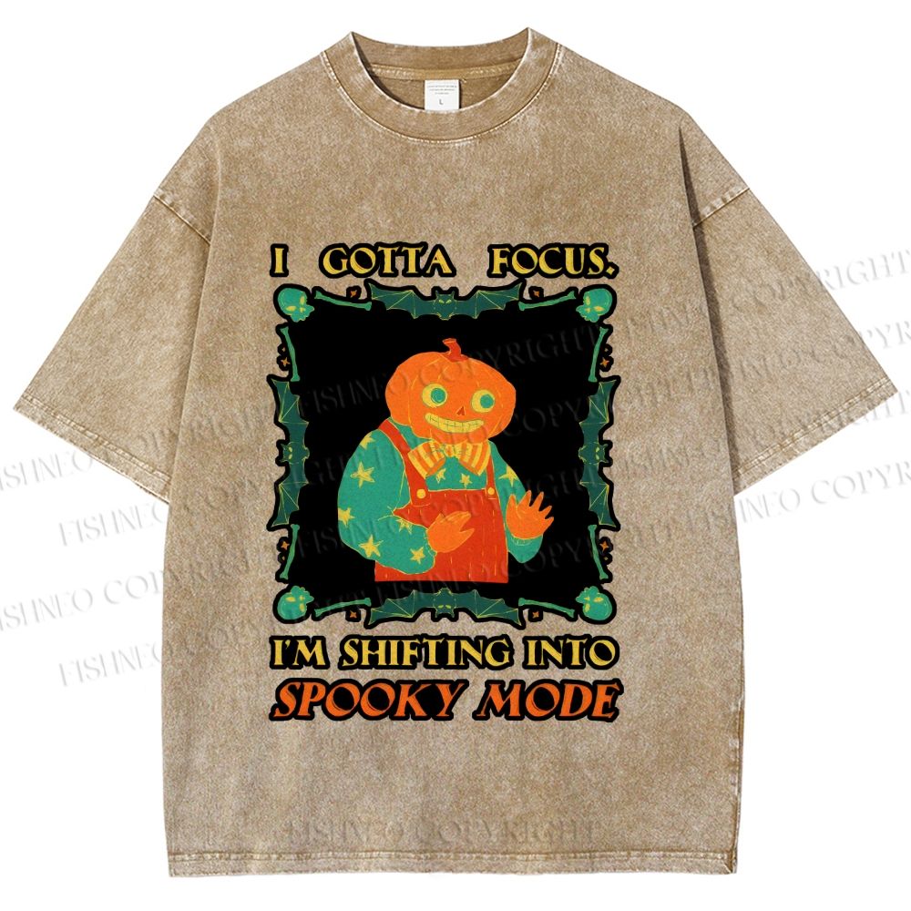 Unisex Funny Pumpkin Man Shifting Into Spooky Mode Printed Washed Tee