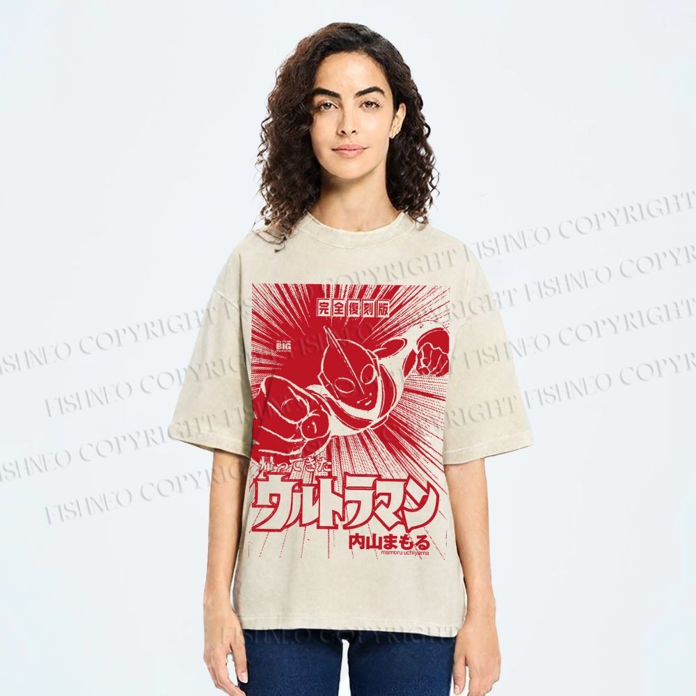 Unisex Ultraman Coming Japanese Printed Washed Tee