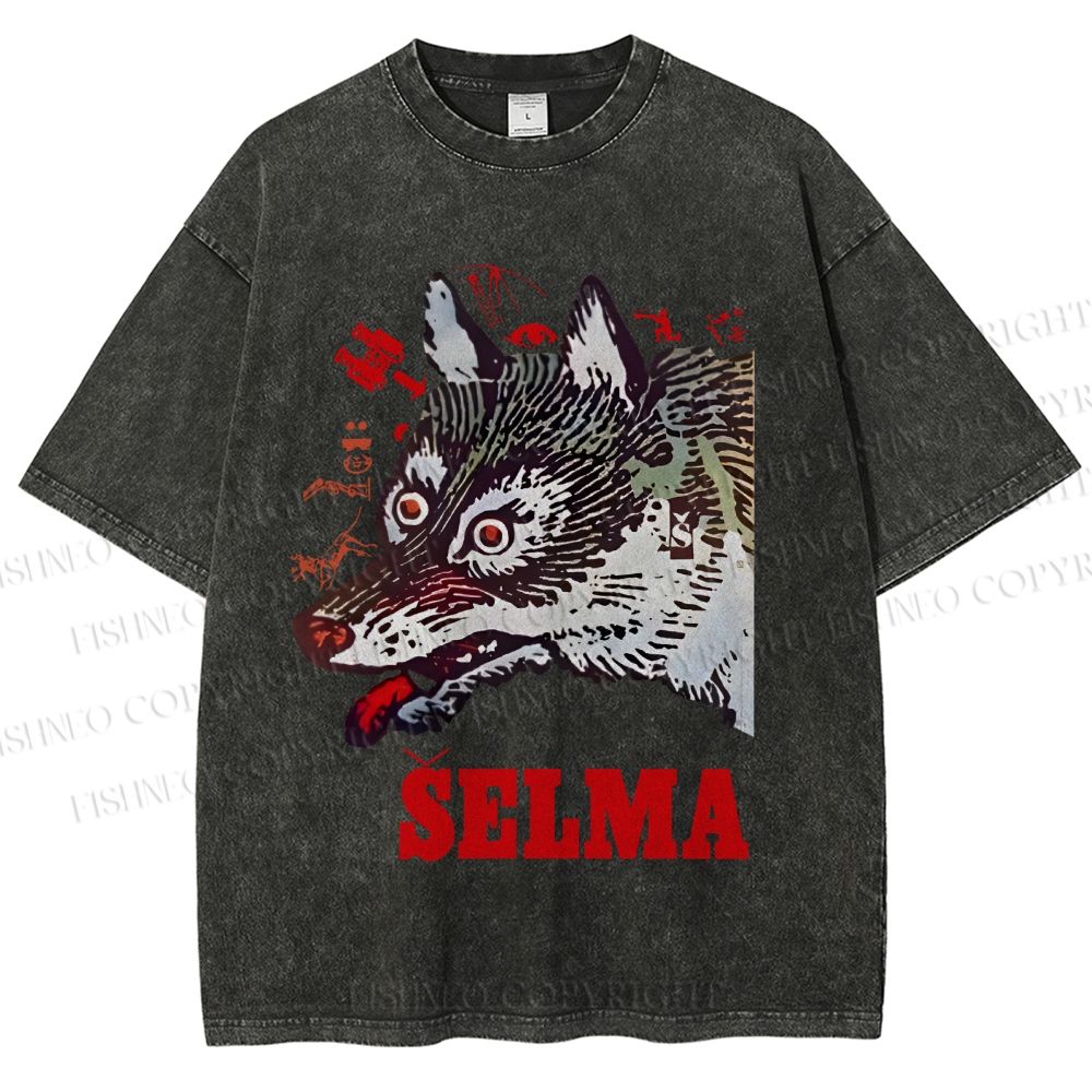 Unisex Selma Silly Vintage Wolf Printed Washed Tee