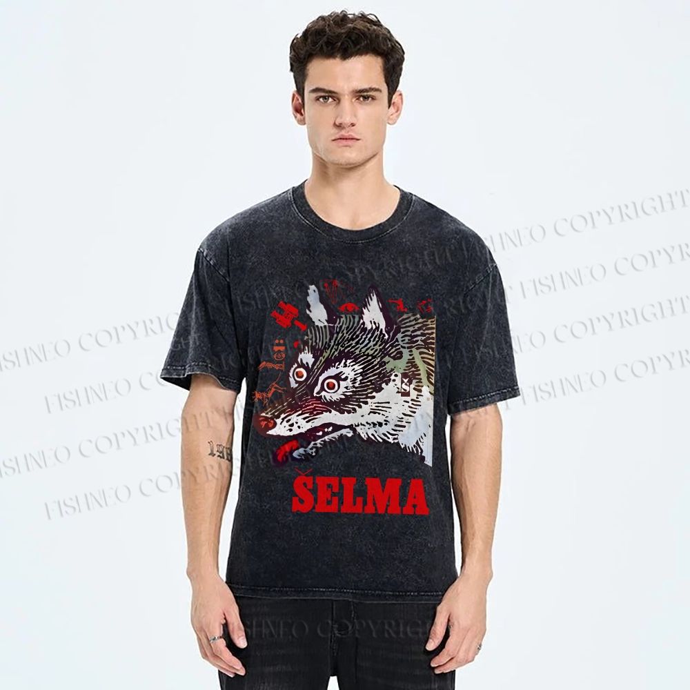 Unisex Selma Silly Vintage Wolf Printed Washed Tee