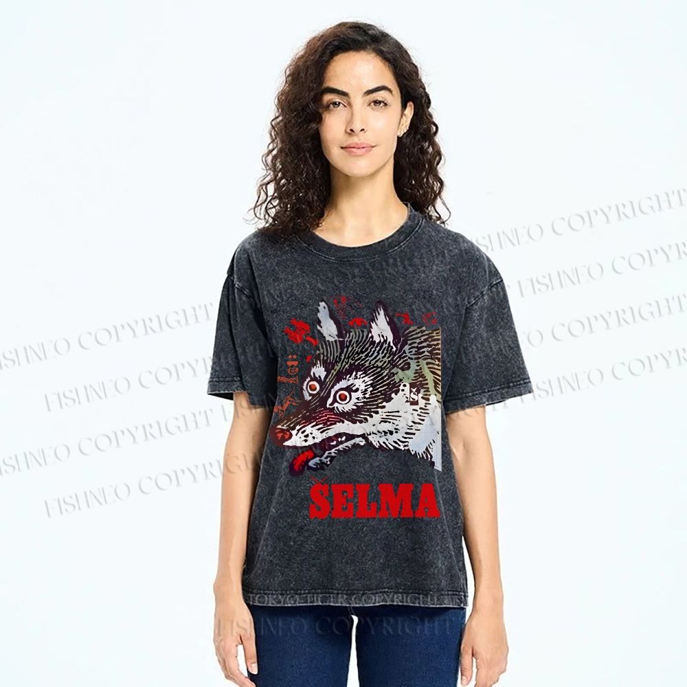 Unisex Selma Silly Vintage Wolf Printed Washed Tee