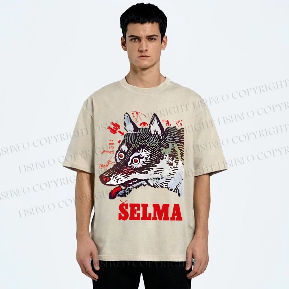 Unisex Selma Silly Vintage Wolf Printed Washed Tee
