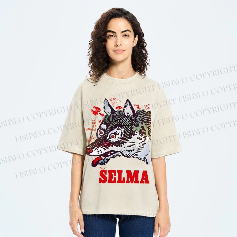 Unisex Selma Silly Vintage Wolf Printed Washed Tee