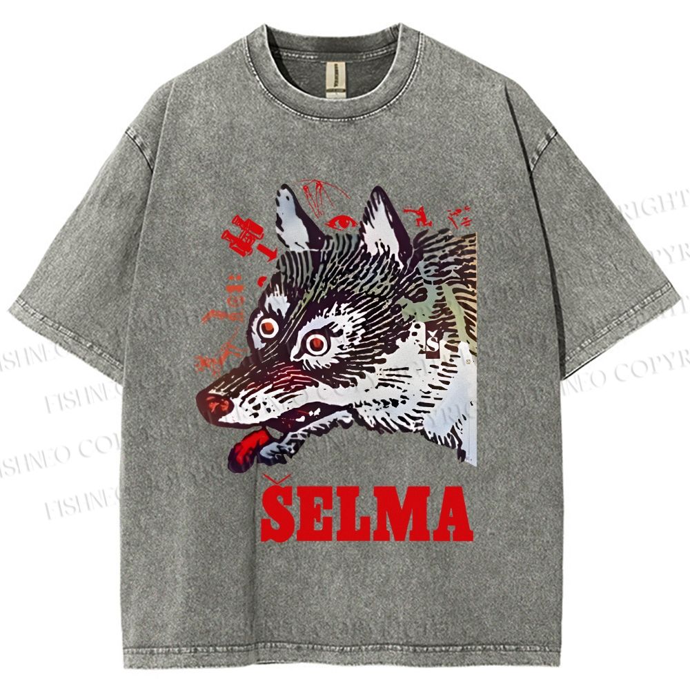 Unisex Selma Silly Vintage Wolf Printed Washed Tee