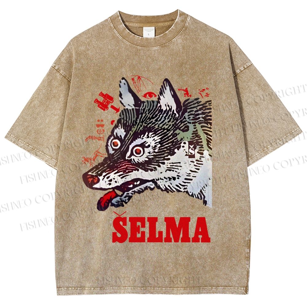 Unisex Selma Silly Vintage Wolf Printed Washed Tee