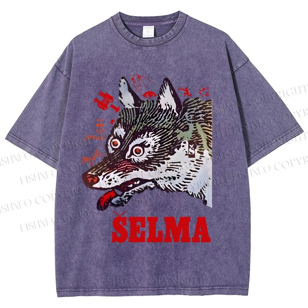 Unisex Selma Silly Vintage Wolf Printed Washed Tee