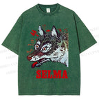 Unisex Selma Silly Vintage Wolf Printed Washed Tee