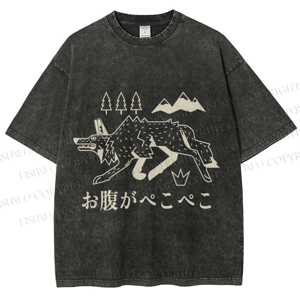 Unisex Starving Wolf Japanese Printed Washed Tee