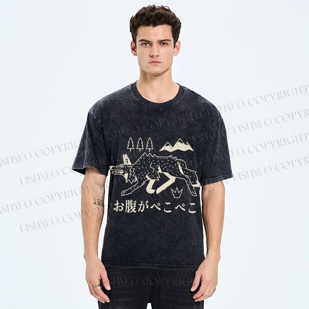 Unisex Starving Wolf Japanese Printed Washed Tee