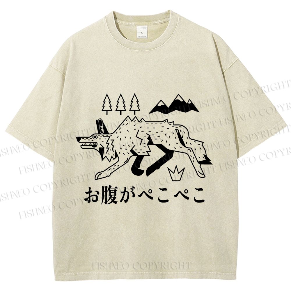 Unisex Starving Wolf Japanese Printed Washed Tee