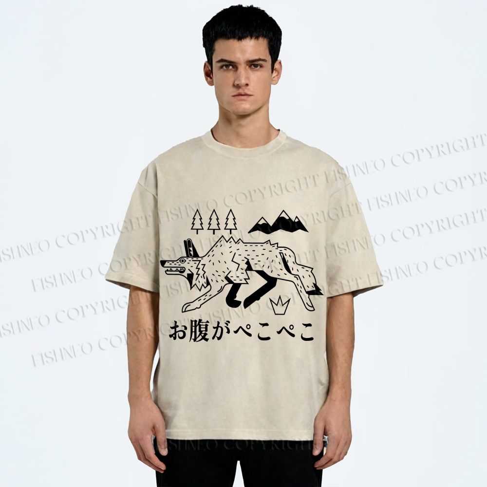 Unisex Starving Wolf Japanese Printed Washed Tee