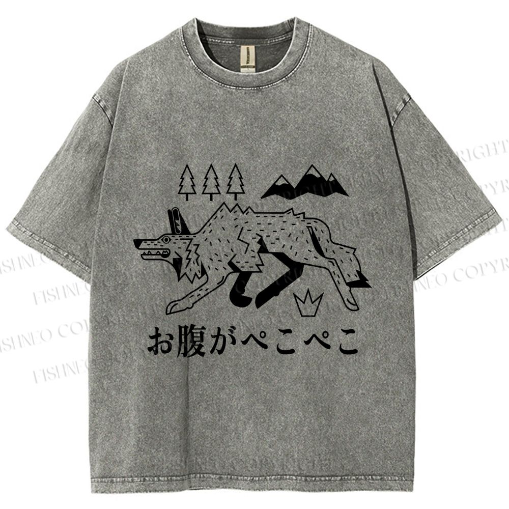 Unisex Starving Wolf Japanese Printed Washed Tee