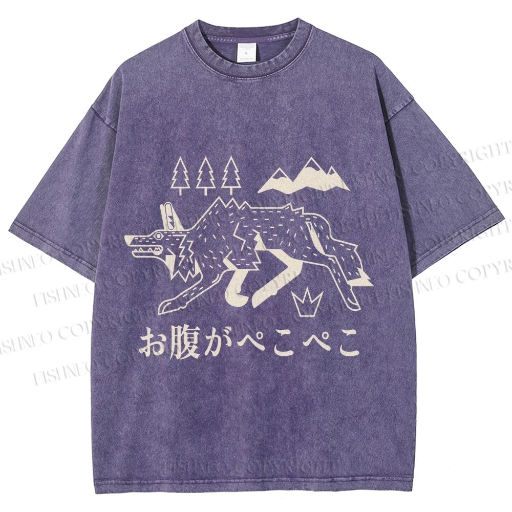 Unisex Starving Wolf Japanese Printed Washed Tee
