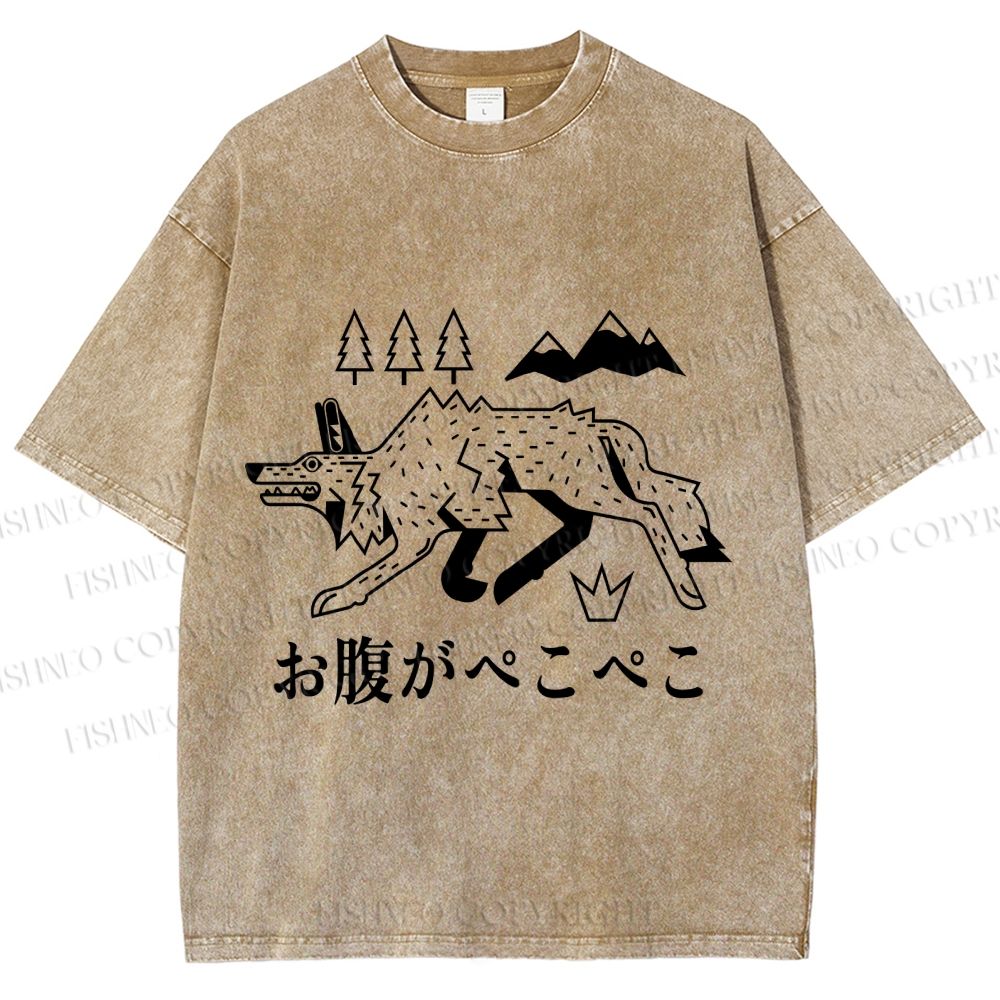 Unisex Starving Wolf Japanese Printed Washed Tee