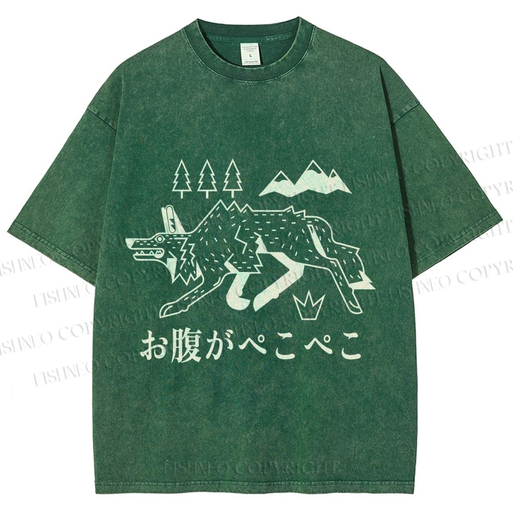 Unisex Starving Wolf Japanese Printed Washed Tee