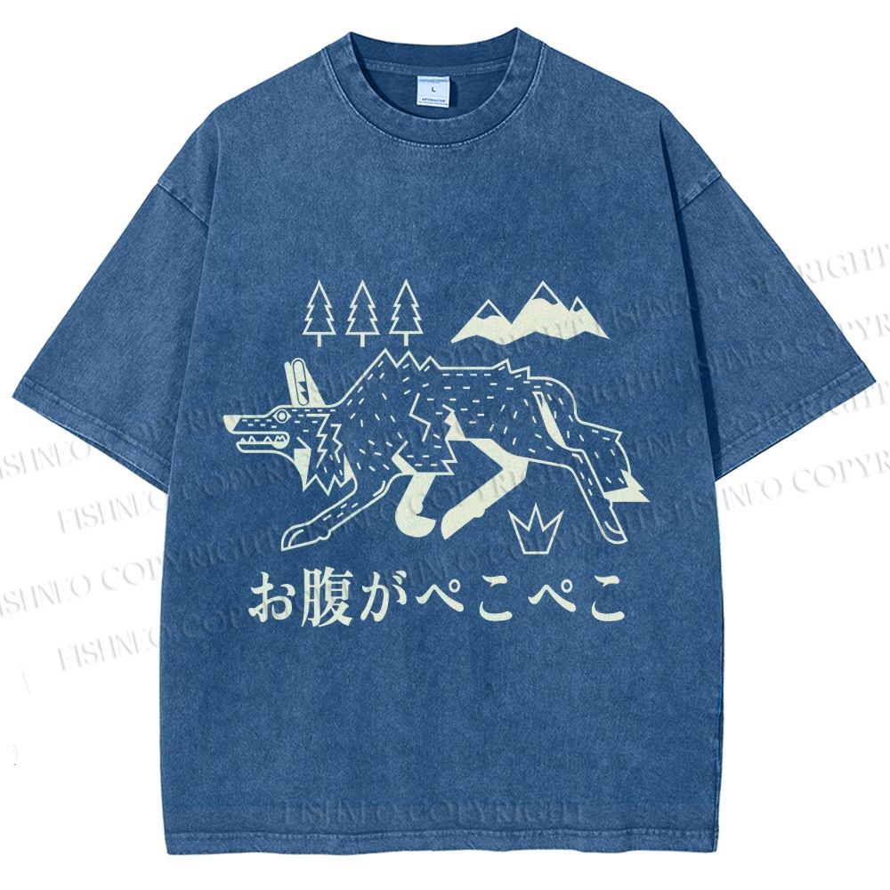 Unisex Starving Wolf Japanese Printed Washed Tee