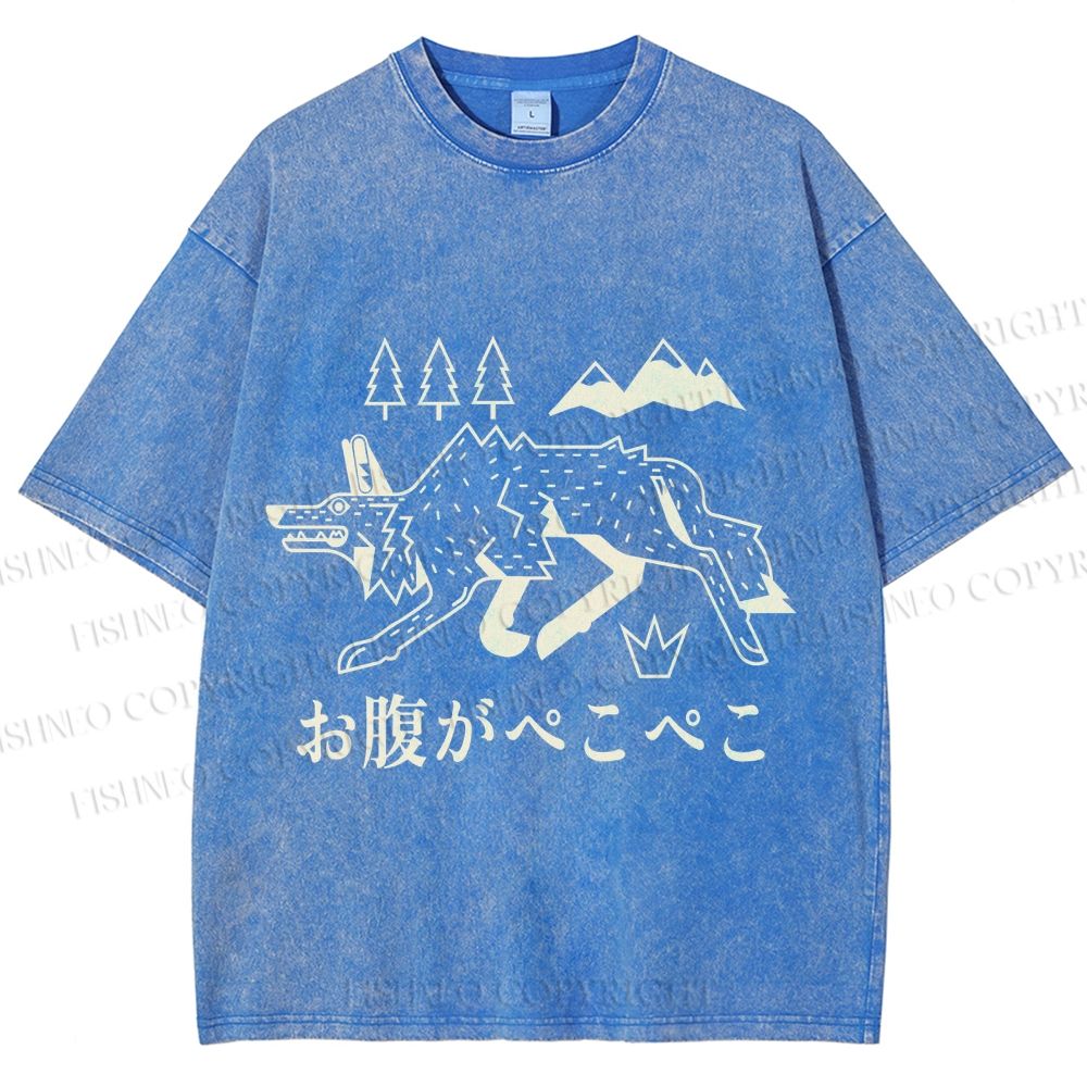 Unisex Starving Wolf Japanese Printed Washed Tee