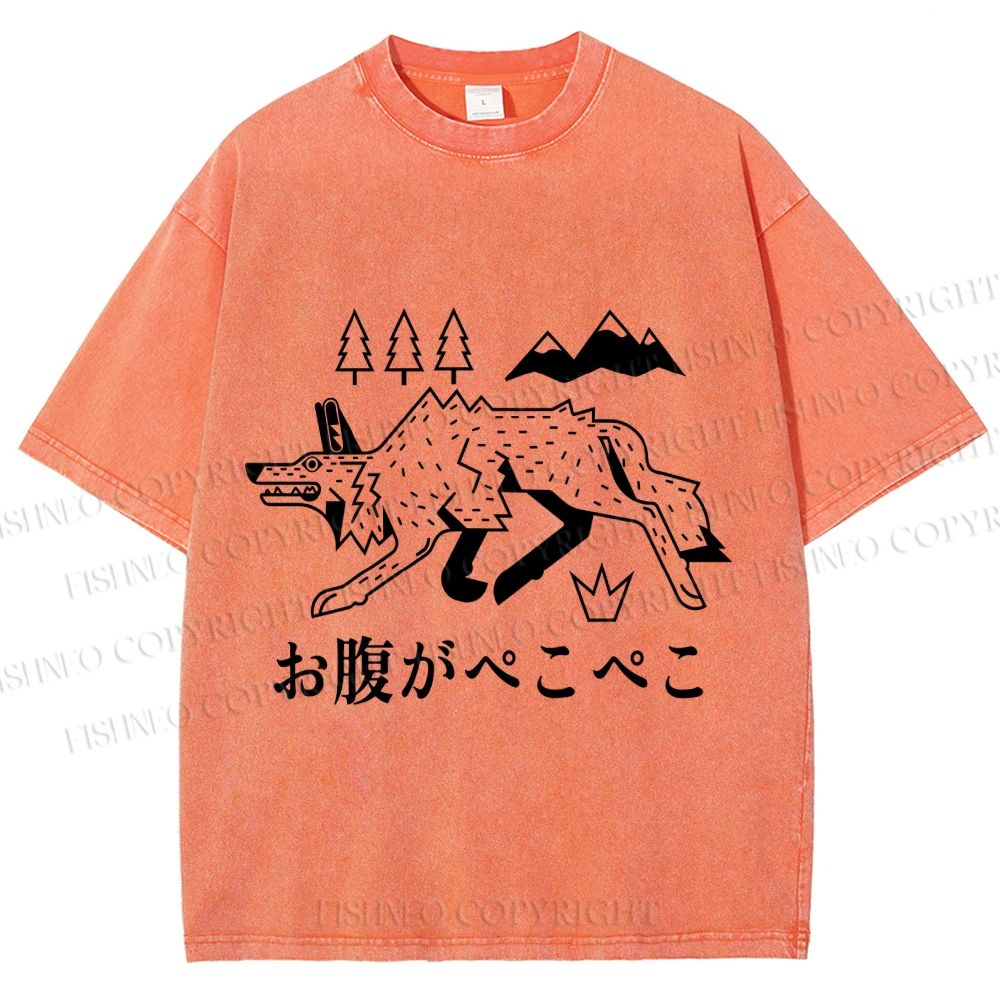 Unisex Starving Wolf Japanese Printed Washed Tee