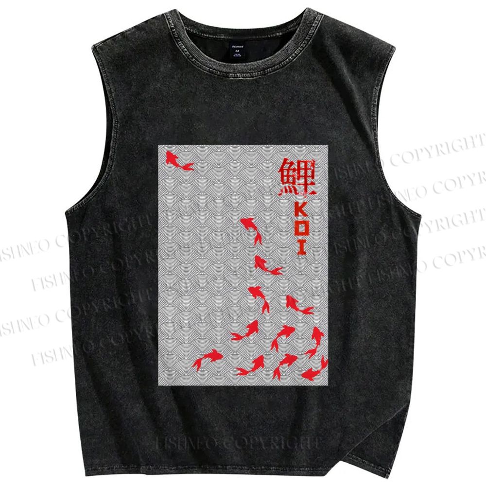 Unisex Japanese Koi Fish Printed Washed Tank Top