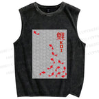 Unisex Japanese Koi Fish Printed Washed Tank Top